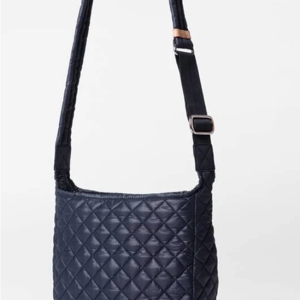 MZ Wallace Quilted Navy Blue Shoulder/Crossbody Bag with Tan Leather Trim - Picture 13 of 16
